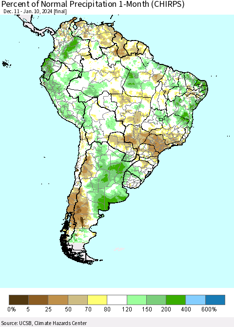 South America Percent of Normal Precipitation 1-Month (CHIRPS) Thematic Map For 12/11/2023 - 1/10/2024