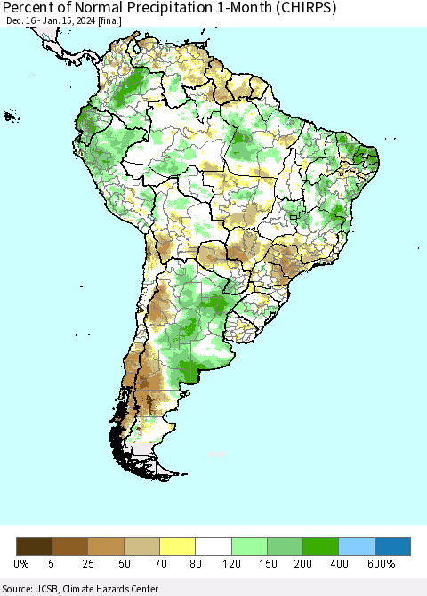 South America Percent of Normal Precipitation 1-Month (CHIRPS) Thematic Map For 12/16/2023 - 1/15/2024