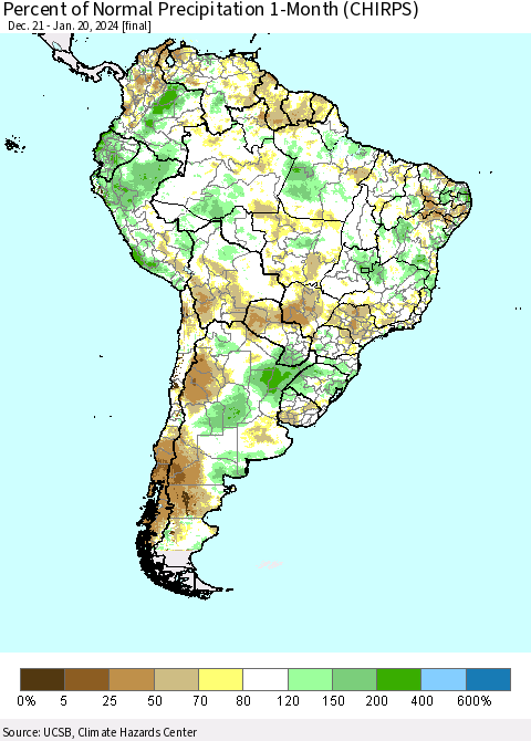 South America Percent of Normal Precipitation 1-Month (CHIRPS) Thematic Map For 12/21/2023 - 1/20/2024