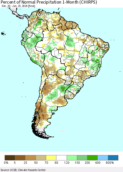 South America Percent of Normal Precipitation 1-Month (CHIRPS) Thematic Map For 12/26/2023 - 1/25/2024