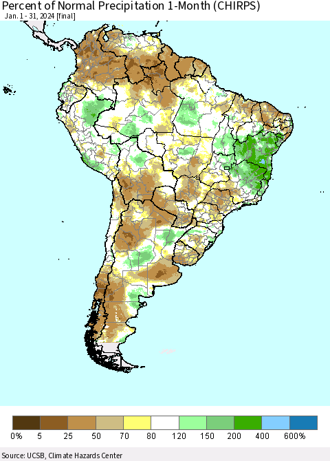 South America Percent of Normal Precipitation 1-Month (CHIRPS) Thematic Map For 1/1/2024 - 1/31/2024
