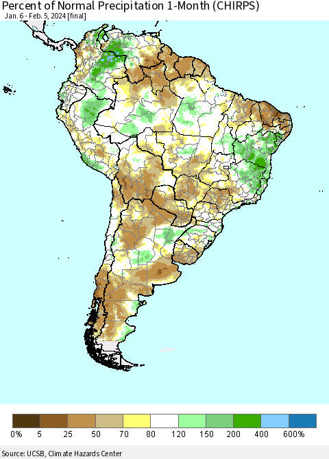 South America Percent of Normal Precipitation 1-Month (CHIRPS) Thematic Map For 1/6/2024 - 2/5/2024