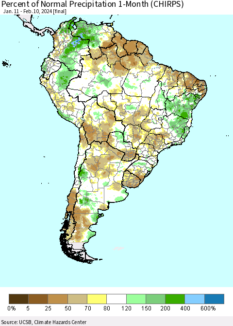 South America Percent of Normal Precipitation 1-Month (CHIRPS) Thematic Map For 1/11/2024 - 2/10/2024