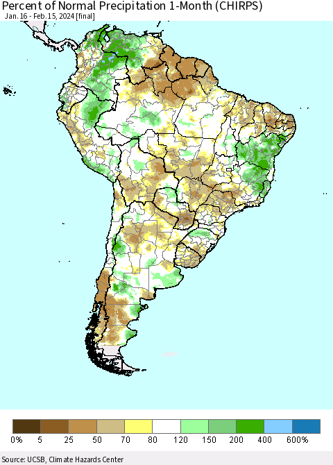 South America Percent of Normal Precipitation 1-Month (CHIRPS) Thematic Map For 1/16/2024 - 2/15/2024