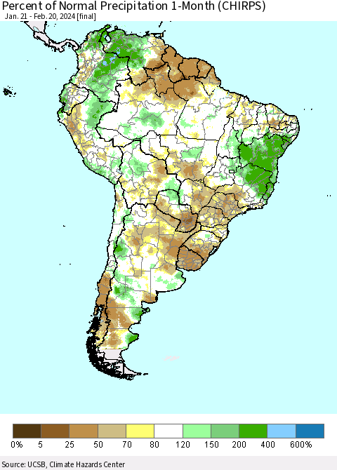 South America Percent of Normal Precipitation 1-Month (CHIRPS) Thematic Map For 1/21/2024 - 2/20/2024