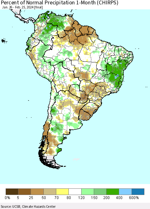 South America Percent of Normal Precipitation 1-Month (CHIRPS) Thematic Map For 1/26/2024 - 2/25/2024