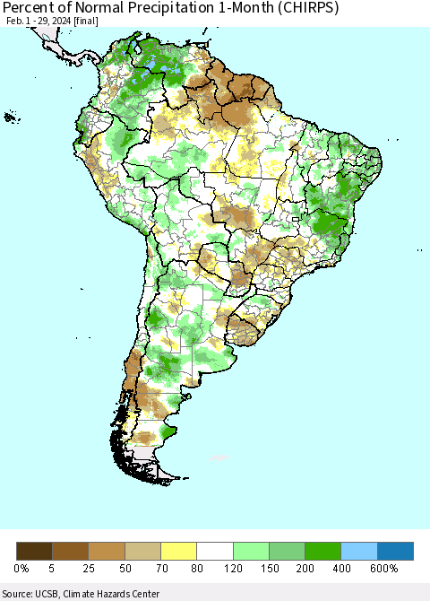South America Percent of Normal Precipitation 1-Month (CHIRPS) Thematic Map For 2/1/2024 - 2/29/2024