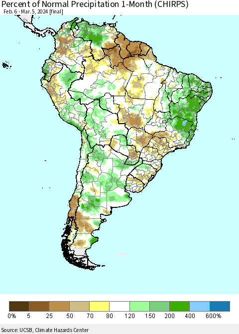 South America Percent of Normal Precipitation 1-Month (CHIRPS) Thematic Map For 2/6/2024 - 3/5/2024