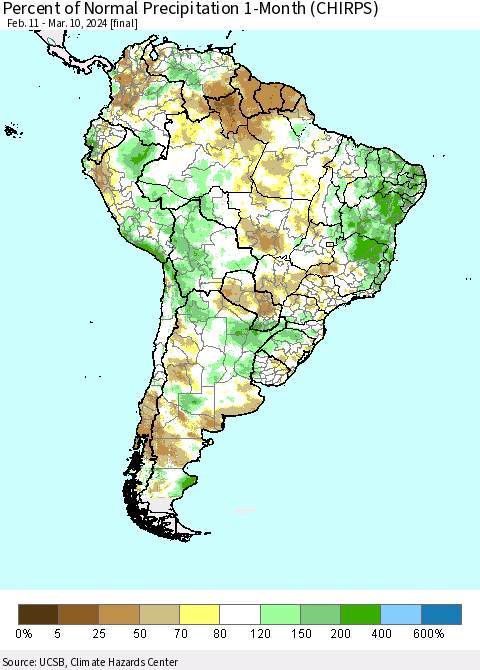 South America Percent of Normal Precipitation 1-Month (CHIRPS) Thematic Map For 2/11/2024 - 3/10/2024