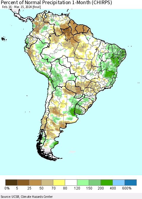 South America Percent of Normal Precipitation 1-Month (CHIRPS) Thematic Map For 2/16/2024 - 3/15/2024