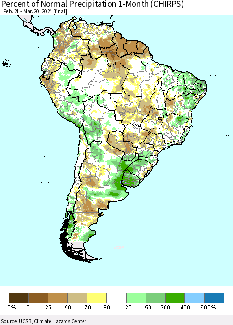 South America Percent of Normal Precipitation 1-Month (CHIRPS) Thematic Map For 2/21/2024 - 3/20/2024