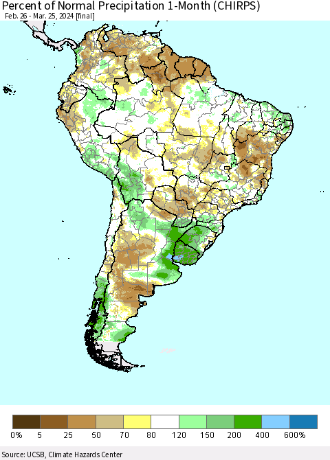 South America Percent of Normal Precipitation 1-Month (CHIRPS) Thematic Map For 2/26/2024 - 3/25/2024