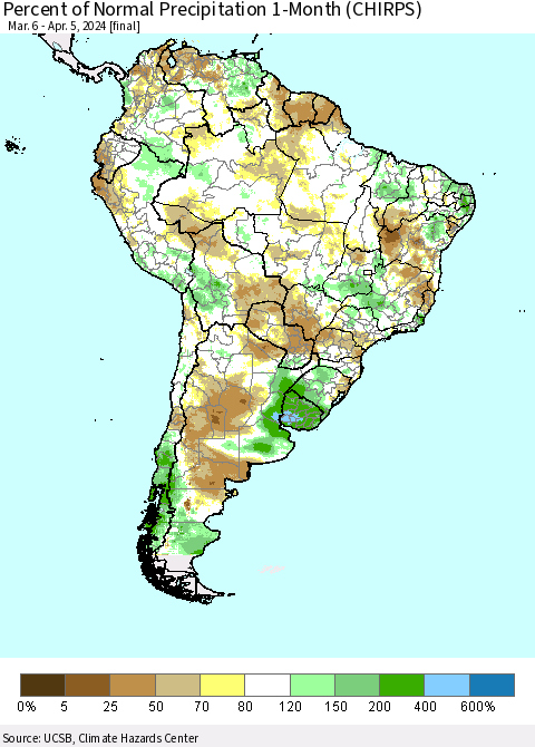 South America Percent of Normal Precipitation 1-Month (CHIRPS) Thematic Map For 3/6/2024 - 4/5/2024