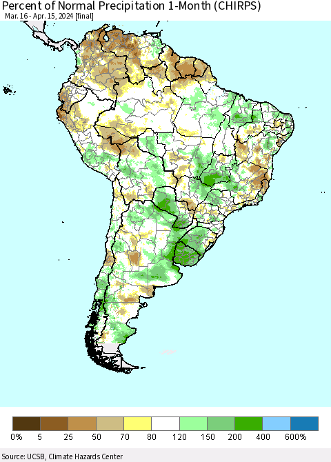 South America Percent of Normal Precipitation 1-Month (CHIRPS) Thematic Map For 3/16/2024 - 4/15/2024