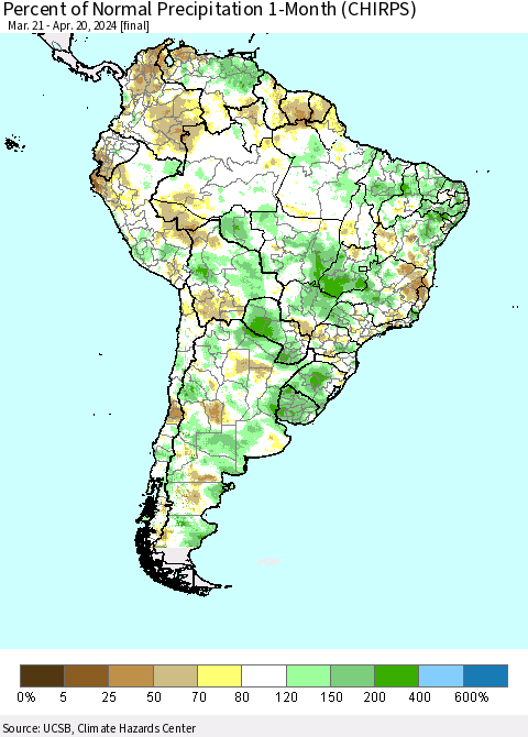 South America Percent of Normal Precipitation 1-Month (CHIRPS) Thematic Map For 3/21/2024 - 4/20/2024