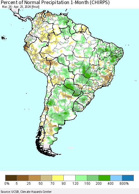 South America Percent of Normal Precipitation 1-Month (CHIRPS) Thematic Map For 3/26/2024 - 4/25/2024