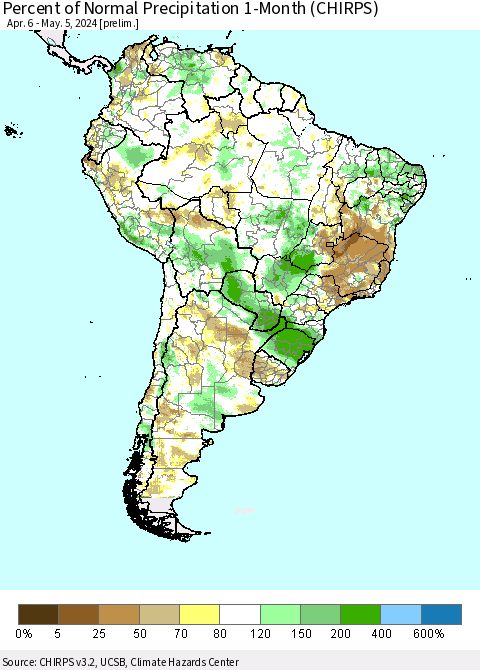 South America Percent of Normal Precipitation 1-Month (CHIRPS) Thematic Map For 4/6/2024 - 5/5/2024