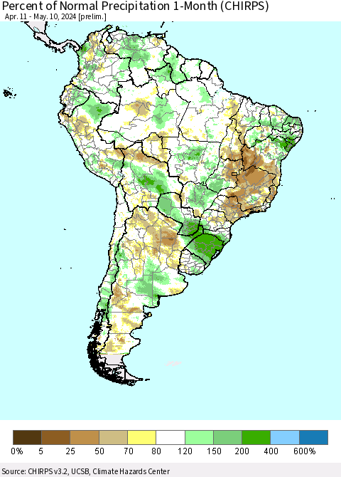 South America Percent of Normal Precipitation 1-Month (CHIRPS) Thematic Map For 4/11/2024 - 5/10/2024