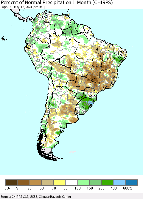 South America Percent of Normal Precipitation 1-Month (CHIRPS) Thematic Map For 4/16/2024 - 5/15/2024