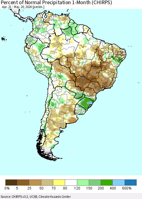 South America Percent of Normal Precipitation 1-Month (CHIRPS) Thematic Map For 4/21/2024 - 5/20/2024