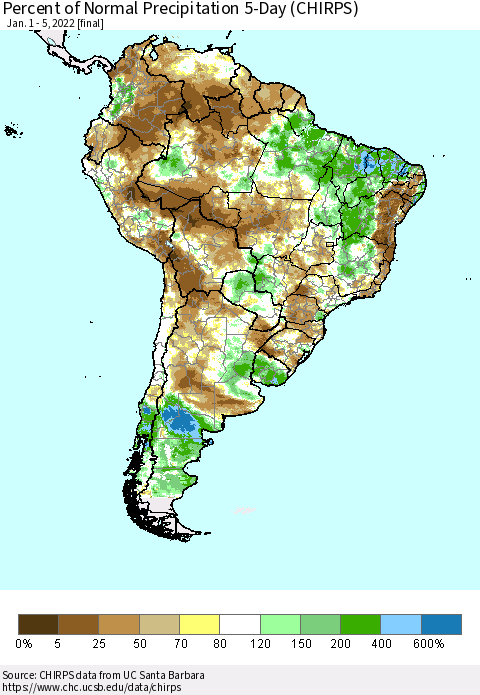 South America Percent of Normal Precipitation 5-Day (CHIRPS) Thematic Map For 1/1/2022 - 1/5/2022