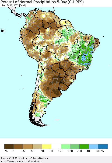 South America Percent of Normal Precipitation 5-Day (CHIRPS) Thematic Map For 1/6/2022 - 1/10/2022
