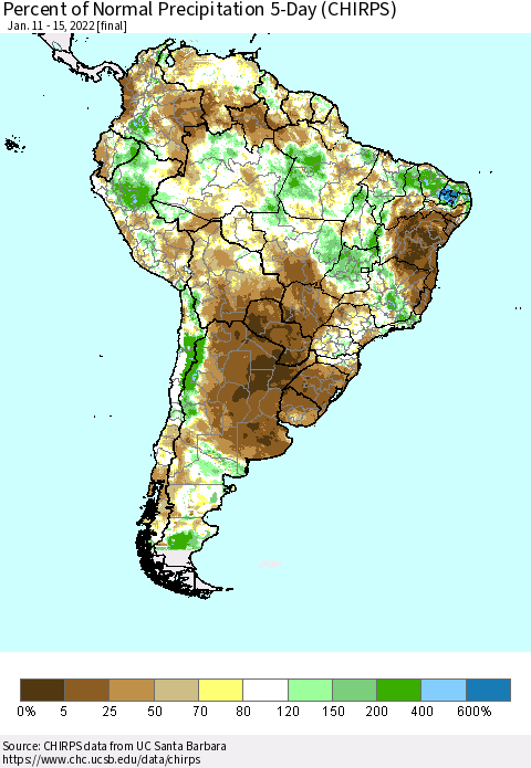 South America Percent of Normal Precipitation 5-Day (CHIRPS) Thematic Map For 1/11/2022 - 1/15/2022
