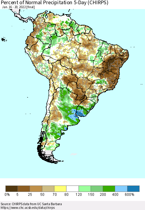 South America Percent of Normal Precipitation 5-Day (CHIRPS) Thematic Map For 1/16/2022 - 1/20/2022
