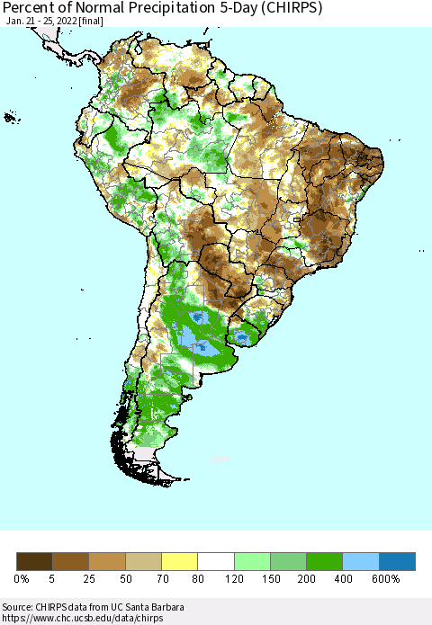 South America Percent of Normal Precipitation 5-Day (CHIRPS) Thematic Map For 1/21/2022 - 1/25/2022