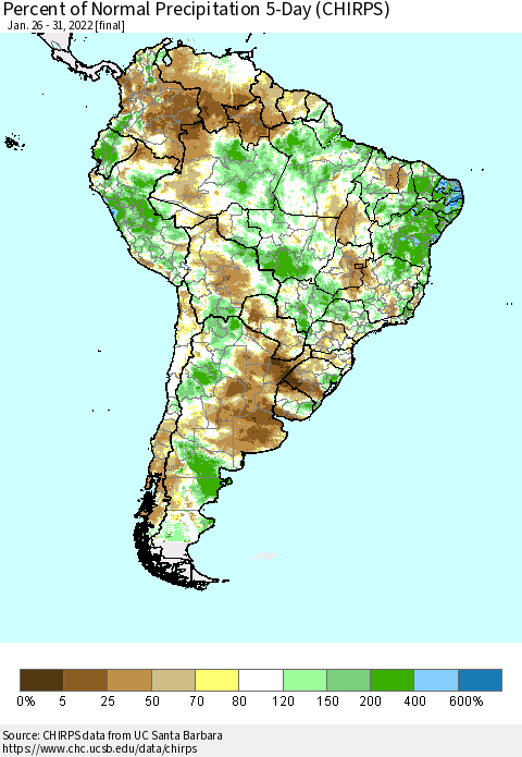 South America Percent of Normal Precipitation 5-Day (CHIRPS) Thematic Map For 1/26/2022 - 1/31/2022