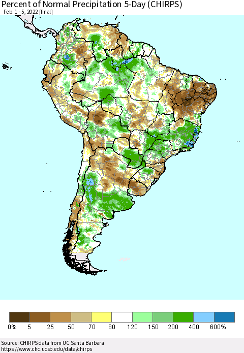South America Percent of Normal Precipitation 5-Day (CHIRPS) Thematic Map For 2/1/2022 - 2/5/2022