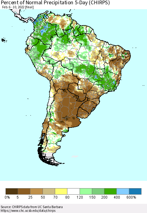 South America Percent of Normal Precipitation 5-Day (CHIRPS) Thematic Map For 2/6/2022 - 2/10/2022
