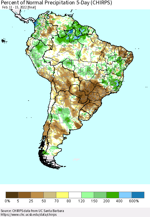 South America Percent of Normal Precipitation 5-Day (CHIRPS) Thematic Map For 2/11/2022 - 2/15/2022