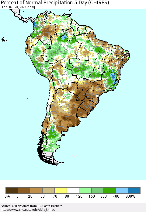 South America Percent of Normal Precipitation 5-Day (CHIRPS) Thematic Map For 2/16/2022 - 2/20/2022