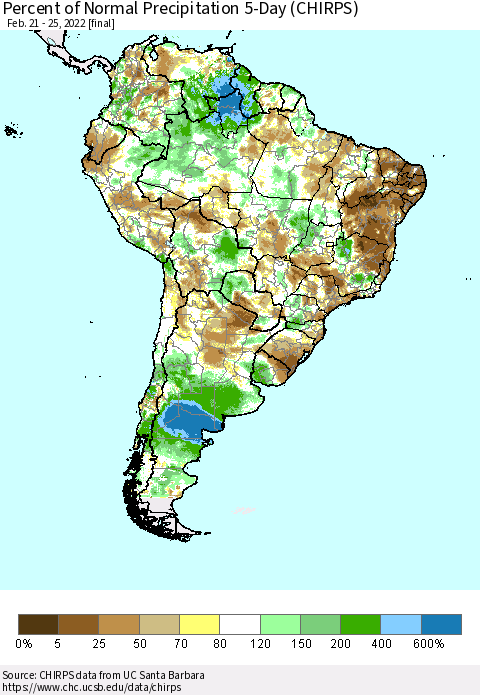 South America Percent of Normal Precipitation 5-Day (CHIRPS) Thematic Map For 2/21/2022 - 2/25/2022