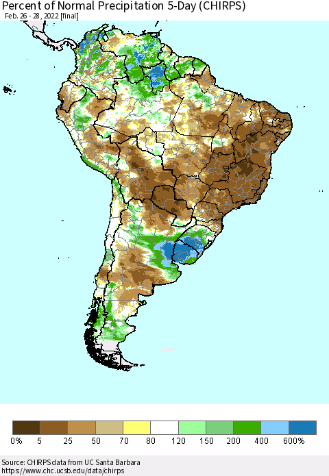 South America Percent of Normal Precipitation 5-Day (CHIRPS) Thematic Map For 2/26/2022 - 2/28/2022
