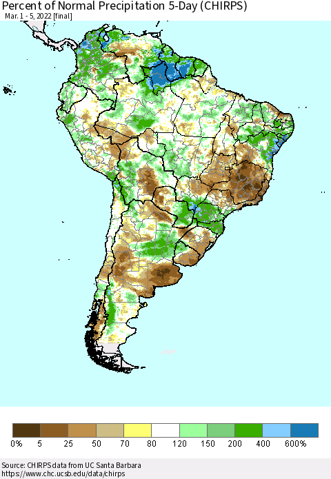 South America Percent of Normal Precipitation 5-Day (CHIRPS) Thematic Map For 3/1/2022 - 3/5/2022