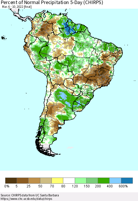 South America Percent of Normal Precipitation 5-Day (CHIRPS) Thematic Map For 3/6/2022 - 3/10/2022