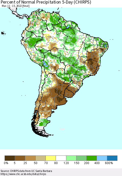 South America Percent of Normal Precipitation 5-Day (CHIRPS) Thematic Map For 3/11/2022 - 3/15/2022
