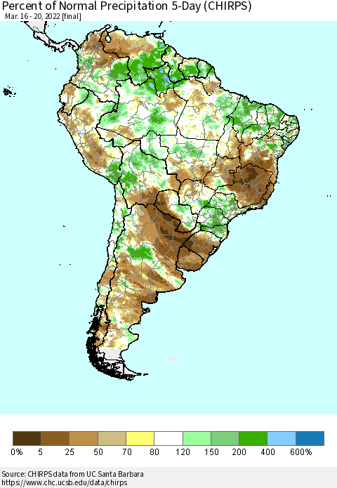 South America Percent of Normal Precipitation 5-Day (CHIRPS) Thematic Map For 3/16/2022 - 3/20/2022