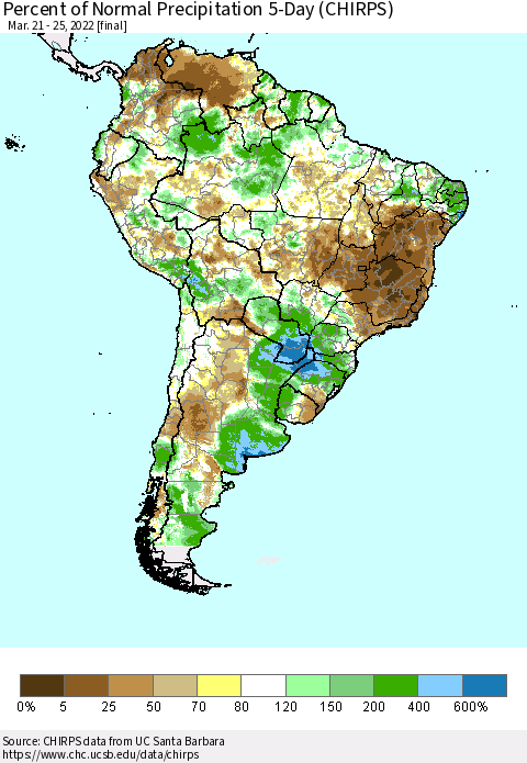 South America Percent of Normal Precipitation 5-Day (CHIRPS) Thematic Map For 3/21/2022 - 3/25/2022