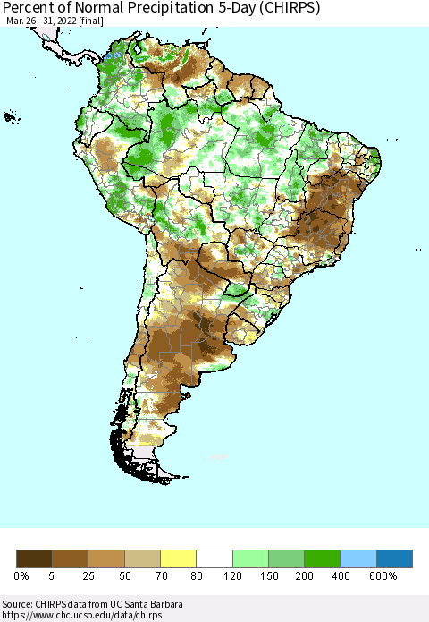 South America Percent of Normal Precipitation 5-Day (CHIRPS) Thematic Map For 3/26/2022 - 3/31/2022