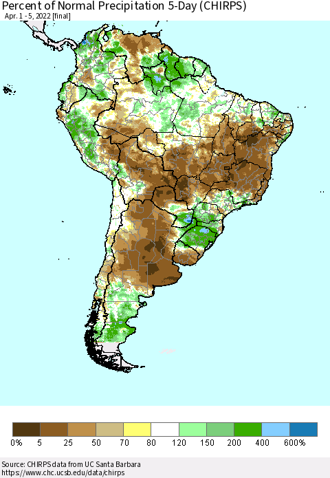 South America Percent of Normal Precipitation 5-Day (CHIRPS) Thematic Map For 4/1/2022 - 4/5/2022