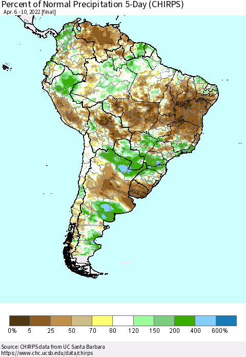 South America Percent of Normal Precipitation 5-Day (CHIRPS) Thematic Map For 4/6/2022 - 4/10/2022