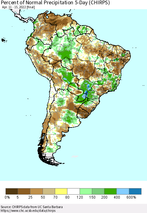 South America Percent of Normal Precipitation 5-Day (CHIRPS) Thematic Map For 4/11/2022 - 4/15/2022