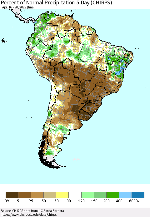 South America Percent of Normal Precipitation 5-Day (CHIRPS) Thematic Map For 4/16/2022 - 4/20/2022