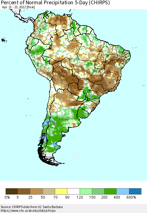 South America Percent of Normal Precipitation 5-Day (CHIRPS) Thematic Map For 4/21/2022 - 4/25/2022