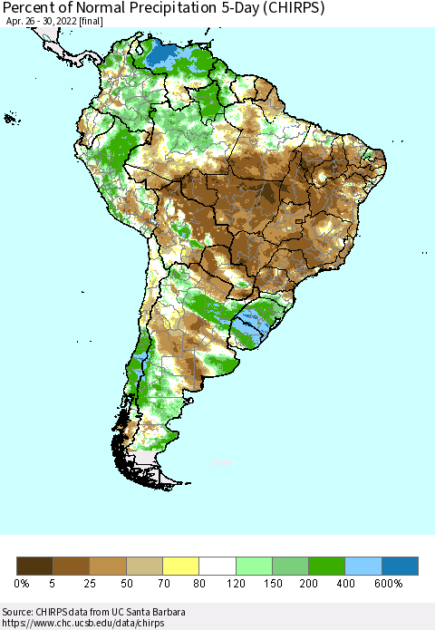 South America Percent of Normal Precipitation 5-Day (CHIRPS) Thematic Map For 4/26/2022 - 4/30/2022