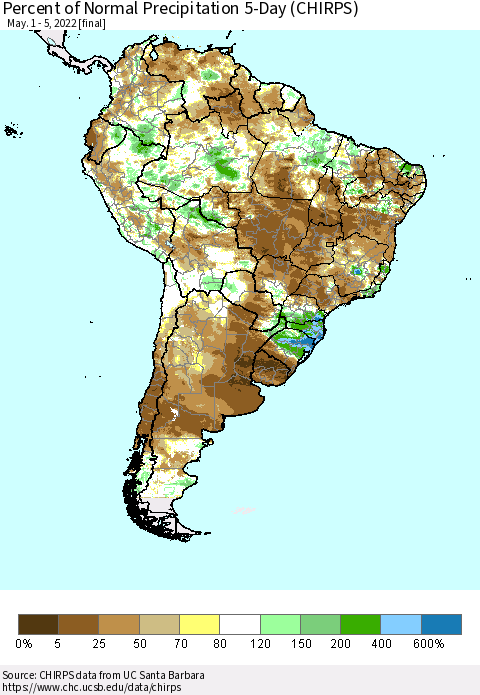 South America Percent of Normal Precipitation 5-Day (CHIRPS) Thematic Map For 5/1/2022 - 5/5/2022