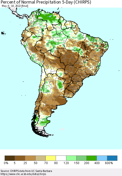 South America Percent of Normal Precipitation 5-Day (CHIRPS) Thematic Map For 5/6/2022 - 5/10/2022